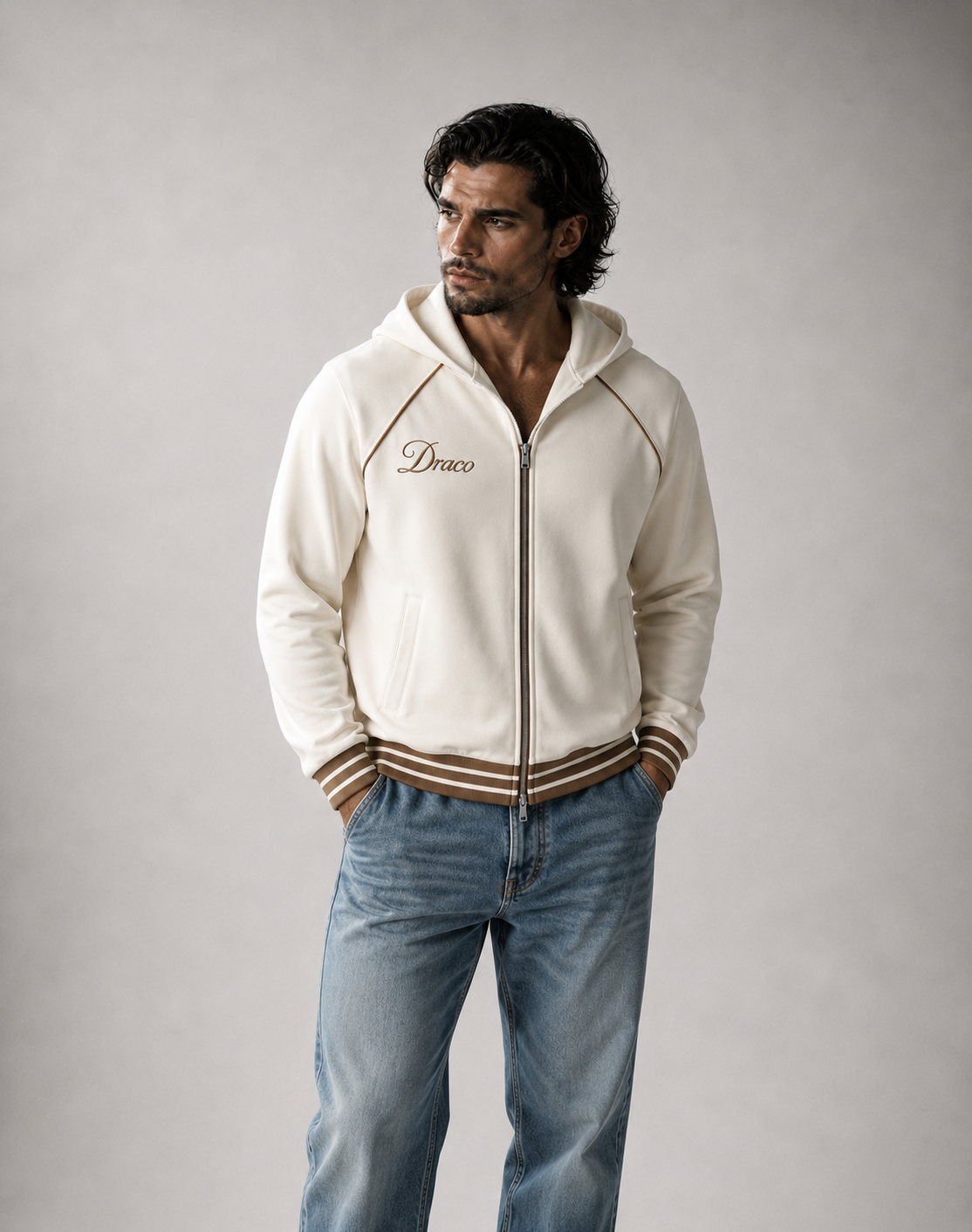 DRACO LUXE — Men’s Ecru Serpente Zip-Up Hoodie